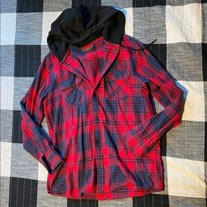 No Boundaries Red and Black Plaid Flannel Hooded Shirt